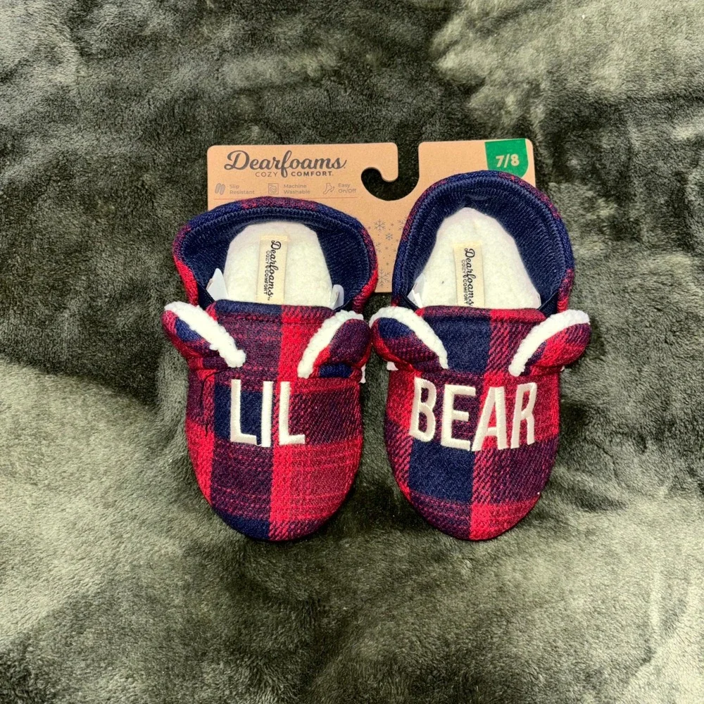 Dearfoams Lil Bear Slippers Kids 7-8 Red Blue Plaid Cozy Comfort‎ Memory Foam
